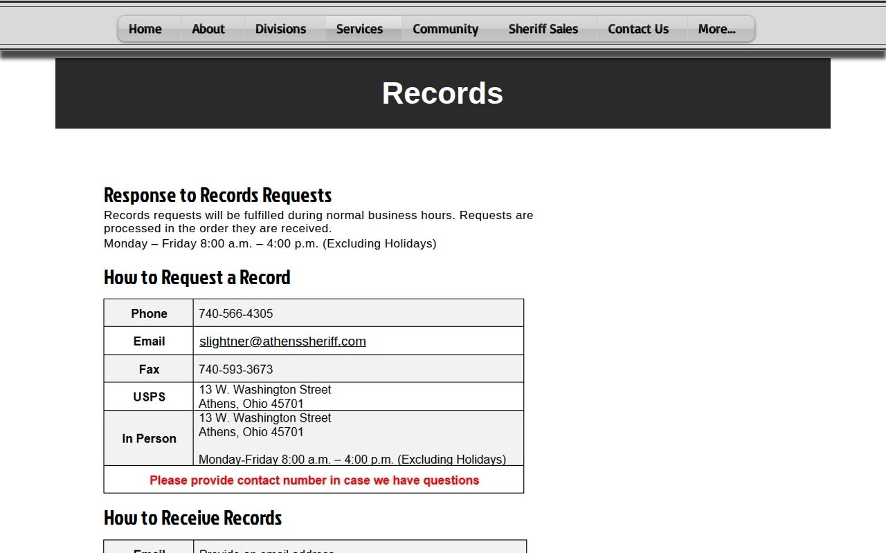 Athens County Sheriff records request page for booking records