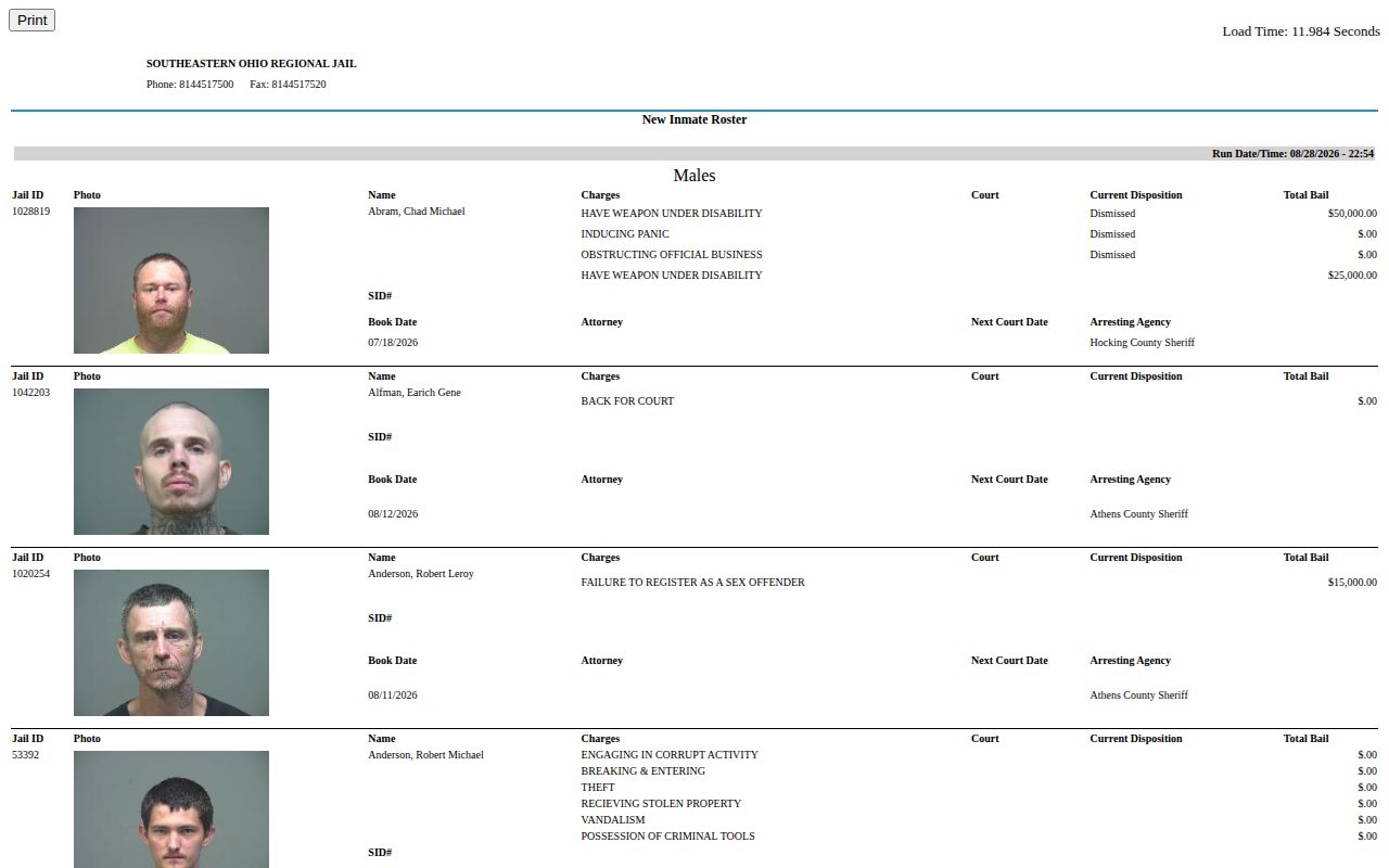 Athens County regional SEORJ jail roster record search interface