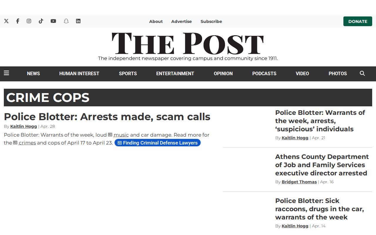 Athens County Crime Cops news and police blotter source